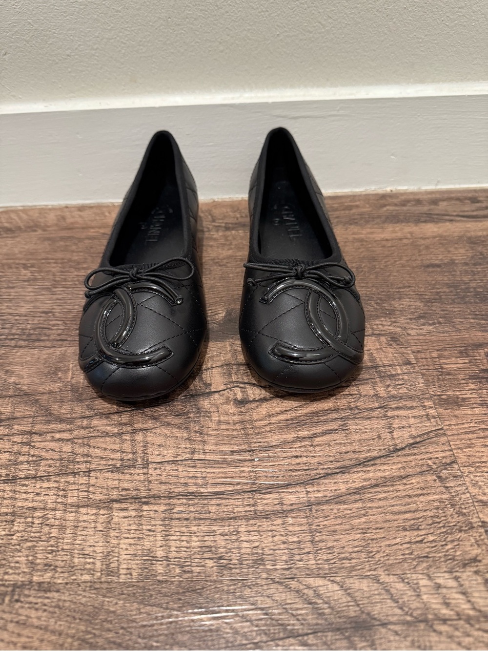 Black Quilted Ballet Flats with Interlocking CC Logo